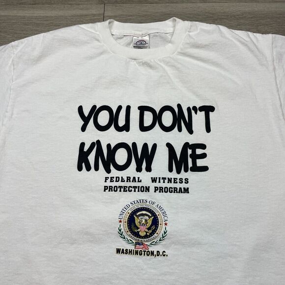 Vintage Shirt Mens Large White Funny You Dont Know Me Witness Protection 90s - Picture 2 of 8